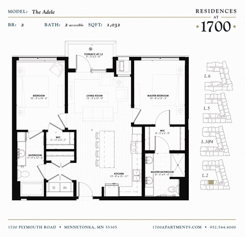 Floor plan for 2 beds, 2 baths, 1032 sqft